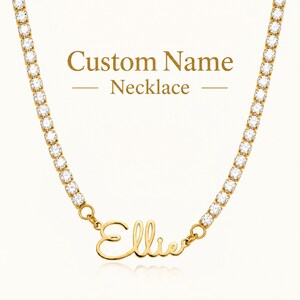 Collier Nom Personnalisé, Ras-de-cou Chaîne Tennis en Zircon Scintillant avec Plaque Nominative en Cursive