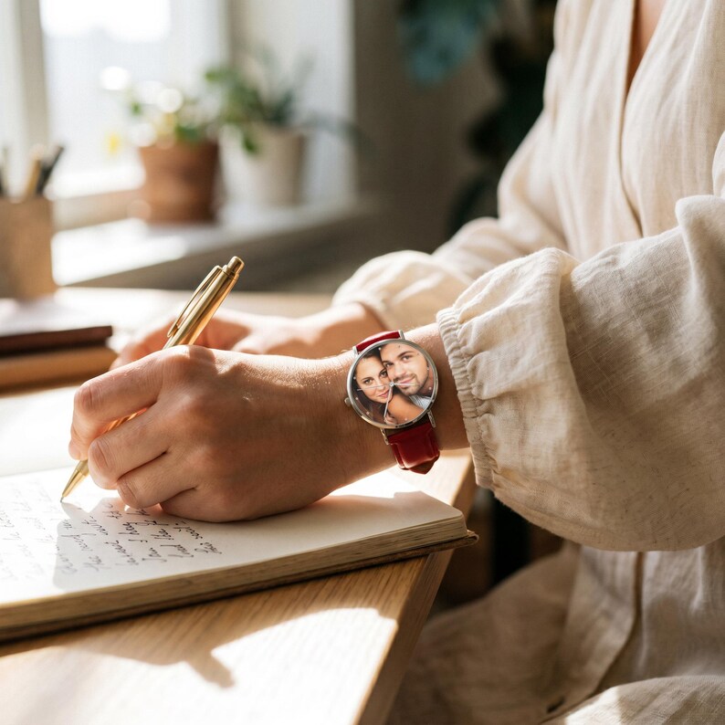 Peut inclure: Une montre-bracelet avec un bo&icirc;tier rond argent&eacute; et un bracelet en cuir rouge. Le cadran de la montre pr&eacute;sente une photographie personnalis&eacute;e d'un couple. La montre est port&eacute;e au poignet lors de l'&eacute;criture dans un carnet avec un stylo dor&eacute;.