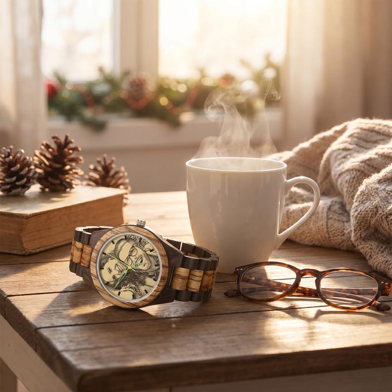 May include: A wooden wristwatch featuring a circular face with a custom black and white portrait illustration of two people. The watch has a multi-toned brown wood link band and a silver-toned crown on the side, positioned on a wooden surface.