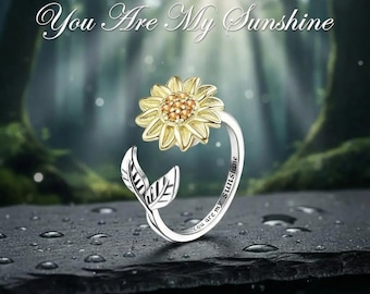 Sunflower Fidget Ring Adjustable Anxiety Jewelry Women Spinner Gift Mental Health Sunshine Floral
