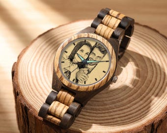 Montre photo en bois personnalisée gravée, cadeau d'anniversaire pour lui, petit ami, personnalisé en bois pour homme, marié