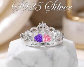 Anello a corona personalizzato con cuore e pietra portafortuna incisa, tiara di promessa, gioielli in argento, regalo di San Valentino per donna