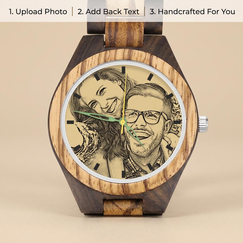 May include: A wooden wristwatch featuring a custom engraved portrait of two people on the dial. The watch has a dark brown wooden case and a light brown wood-grain bezel. The text 1. Upload Photo | 2. Add Back Text | 3. Handcrafted For You appears above.