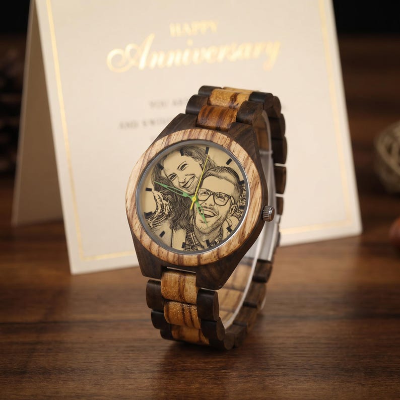 Personalized Engraved Wooden Watch Men Custom Photo Gift For Husband Anniversary Unique Groom Keepsake image 4