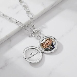 Custom Photo Locket Necklace, Engraved Pendant with Chunky Paperclip Chain and Toggle Clasp