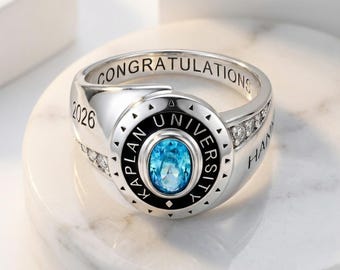 Custom Birthstone Graduation Ring Engraved Class Year Gift for Her Personalized College Jewelry