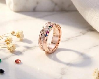 Anillo personalizado para mamá, joyería con piedra natal personalizada, regalo para mamá, anillo con nombre grabado, oro rosa y cobre.