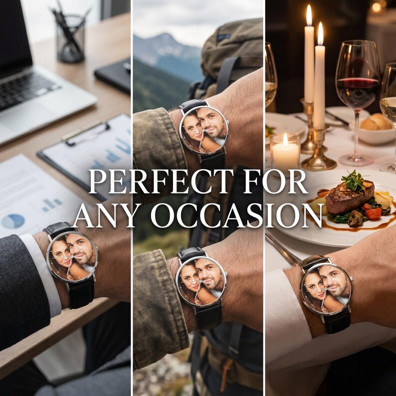 Peut inclure: Une montre-bracelet avec un bo&icirc;tier rond argent&eacute; et un bracelet en cuir noir. Le cadran de la montre pr&eacute;sente une photographie couleur personnalis&eacute;e d'un couple. Le texte "PERFECT FOR ANY OCCASION" est superpos&eacute; au centre du collage.