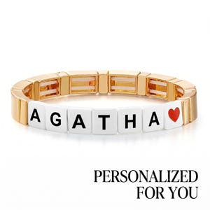 Custom Name Enamel Bracelet, Gold Tile Letter Beaded Initial Jewelry