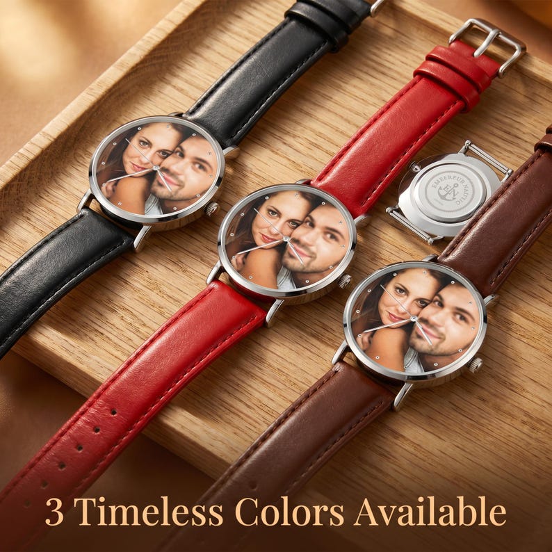 Montre photo personnalisée, montre-bracelet en cuir gravée personnalisée, cadeau d'anniversaire de la Saint-Valentin image 3