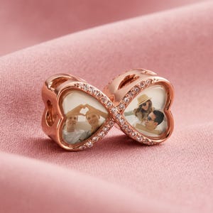 Custom Photo Charm, Copper Infinity Heart Bead with Two Picture Inserts