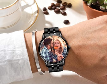 Personalized Custom Photo Watch Men Engraved Calendar Anniversary Gift For Husband Black Wristwatch