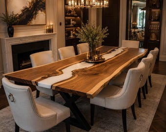 Witte epoxy walnoten eettafel met natuurlijke rand, hars riviertafel, handgemaakte salontafel, luxe houten meubelstuk op maat voor een moderne interieurstijl.