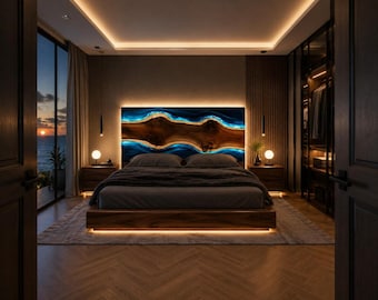 Ocean Epoxy Hoofdbord, Live Edge Walnut Wood Resin River Bed Hoofdbord, Diepblauw Handgemaakt Hoofdbord, Luxe Slaapkamermeubels Woondecoratie