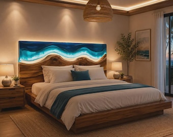Ocean Wave Epoxy Headboard, Live Edge Walnut Resin River Bed Headboard, Deep Blue Handmade Headboard,  Luxury Bedroom Furniture Home Decor