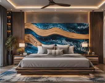 Custom Deep Ocean Epoxy Headboard Walnut Wood Bed Headboard Italian Finish Blue Resin River Design, Handmade Luxury Bedroom Furniture