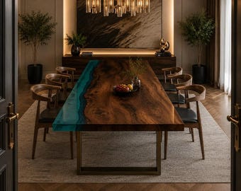 Eettafel van walnoothout met natuurlijke rand en epoxyhars, handgemaakte inleg van steen, epoxyhars riviertafel, rustieke salontafel van hout en hars, meubels op maat gemaakt van hars.