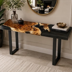 Black Epoxy Console Table, Live Edge Walnut Entryway Table, Custom Resin Hall Table, Handmade Luxury Furniture