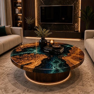 Puede incluir: Una mesa de centro redonda con un diseño único. La tapa presenta una combinación de madera y resina turquesa, creando un efecto visual llamativo. La mesa tiene una base de madera oscura con un brillo ambiental cálido. Libros y una vela encima.