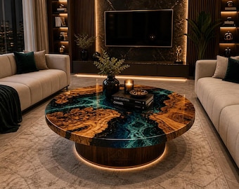 Luxe ronde harsriviertafel – Handgemaakte houten eettafel met levende rand en artistiek epoxyontwerp Handgemaakt rond eettafelblad van epoxy |