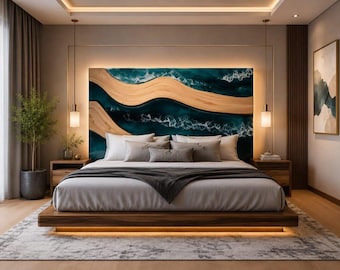 Op maat gemaakte wanddecoratie met oceaanmotief, epoxy hoofdbord, modern hars hoofdbord, handgemaakt meubelstuk van natuurlijk hout met natuurlijke randen, luxe stuk voor een eigentijdse slaapkamer