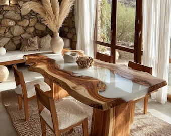Handgemaakte walnoot live edge epoxy eettafel, op maat gemaakte luxe harsmeubels
