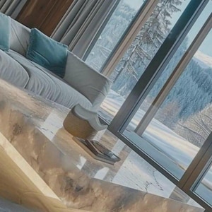 May include: A modern living room with a large window overlooking a snowy mountain landscape. A light-colored sofa with blue pillows sits next to a marble coffee table. A decorative basket and a tray are on the table.