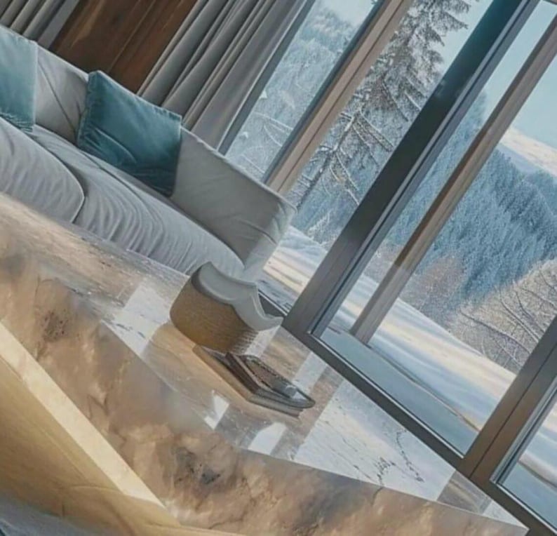 May include: A modern living room with a large window overlooking a snowy mountain landscape. A light-colored sofa with blue pillows sits next to a marble coffee table. A decorative basket and a tray are on the table.