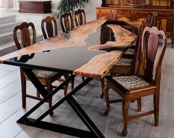 Aangepaste live-edge acaciahouten eettafel, epoxy rivierblad, handgemaakt meubilair