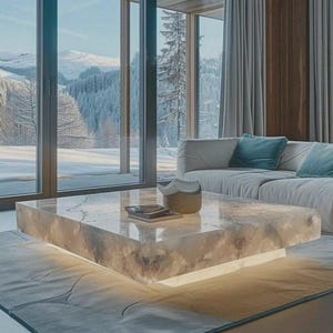 May include: A contemporary living room featuring a marble coffee table with integrated lighting. The rectangular table sits on a light rug. A white sofa with blue cushions is visible, alongside a large window offering a view of a snowy mountain scene.