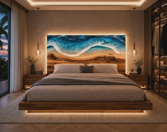 Ocean Epoxy Headboard Coastal Blue Resin River Bed Headboard Live Edge Wood Design, Handmade Custom Luxury Furniture for Beach House Bedroom