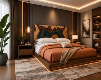 Agate Core Epoxy Headboard Acacia Wood Bed Headboard Natural Stone look Handmade Custom Luxury Furniture, Agate Finish Bedroom Decor