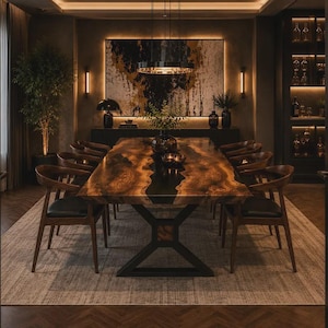 May include: A large rectangular dining table featuring a live-edge wood slab with a central black resin inlay, supported by a black metal X-shaped base. The table is surrounded by eight dark wood chairs with black upholstered seats.
