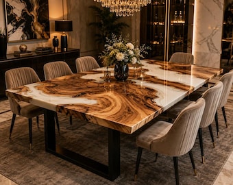 Handgemaakte eettafel van walnoothout met natuurlijke rand en epoxy afwerking, luxe meubelstuk op maat gemaakt met hars.