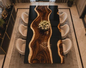 Eettafel van acaciahout met natuurlijke rand en epoxy, op maat gemaakt, massief houten epoxy riviertafel, handgemaakte luxe acaciahouten salontafel, moderne boerderijstijl