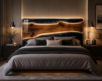 Zwart epoxy hoofdbord, walnoothouten bedhoofdbord met harsrivierdetail, op maat gemaakt luxe meubelstuk voor een modern slaapkamerinterieur.
