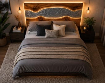 Hoofdbord van metallic epoxy, op maat gemaakt hoofdbord van hout met natuurlijke rand, glinsterend harsrivierdesign, handgemaakte luxe slaapkamermeubels, moderne inrichting