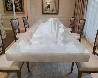 Handmade White Agate Dining Table Top, Modern Gemstone Countertop