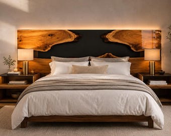 Zwart epoxy hoofdbord, hoofdbord van natuurlijk hout met harsrand, handgemaakte slaapkamermeubels op maat, luxe modern hoofdbord voor huisdecoratie