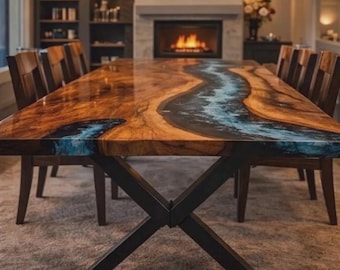 Eettafel acacia epoxy rivier – Handgemaakte massief houten tafel, aangepast formaat, moderne luxe meubels