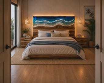 Ocean Epoxy Hoofdbord, Live Edge Walnut Wood Resin River Bed Hoofdbord, Kustblauw Handgemaakt Hoofdbord, Luxe Slaapkamermeubels Woondecoratie