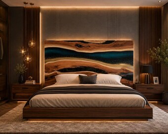 Walnut Epoxy Galaxy Dust Headboard Live Edge Wood Bed Headboard with Cosmic Resin Design Handmade Custom Luxury Furniture for Modern Bedroom