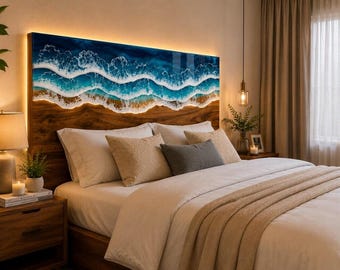 Ocean Epoxy Hoofdbord, Live Edge Houten Hars Rivierbed Hoofdbord, Kustblauw Handgemaakt Hoofdbord, Luxe Slaapkamermeubels op Maat Gemaakt Woondecoratie