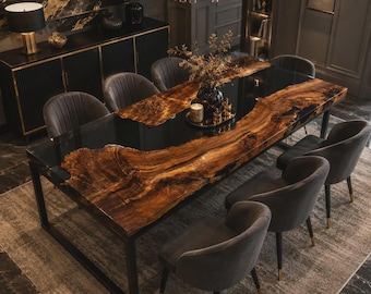 Eettafel met natuurlijke rand, zwart epoxy, op maat gemaakt, massief houten epoxy riviertafel, handgemaakte luxe walnoten eettafel, moderne boerderijstijl