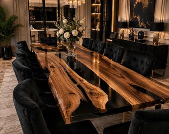 Luxe zwarte epoxy walnoot eettafel, salontafel met natuurlijke rand van hars, handgemaakte epoxy keukentafel, moderne woondecoratie, aanpasbaar