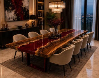 Vampierbloedrode epoxy eettafel, donkerrode hars houten salontafel, handgemaakte epoxy meubels met natuurlijke rand.