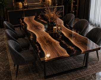 Eettafel van acaciahout met natuurlijke rand en epoxy, op maat gemaakt, massief houten epoxy riviertafel, handgemaakte luxe salontafel met goudstof epoxy, moderne boerderijstijl