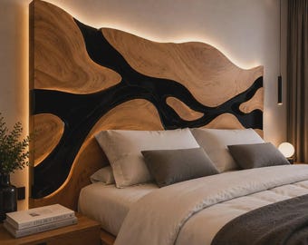 Black Epoxy Headboard, Walnut Wood Bed Headboard with Resin River Detail, Custom Handmade Luxury Furniture for Modern Bedroom Interior Decor
