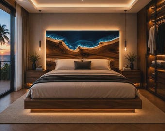 Deep Ocean Epoxy Headboard Indian Walnut Wood Bed Headboard Blue Resin River Design Custom Handmade Luxury Furniture Coastal Bedroom Decor