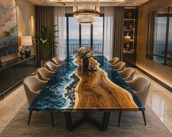 Eettafel met oceaan- en natuursteenlook, epoxy riviertafel, luxe woondecoratie, moderne epoxy salontafel, meubels op maat.